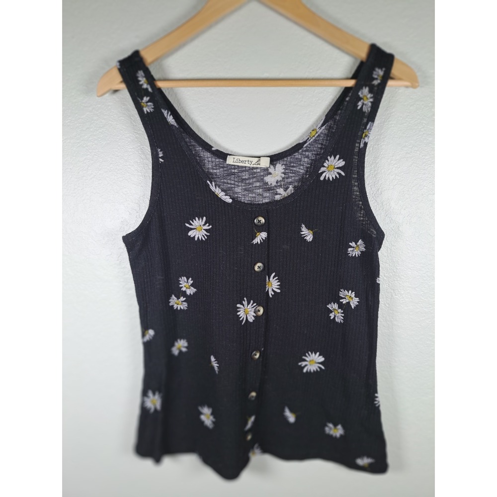 Liberty Love Black Daisy Floral Ribbed Button Front Tank Top XL